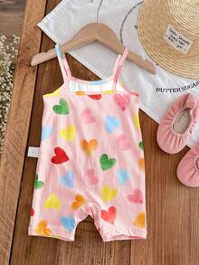 Cream Pink, Colorful Hand-Painted Heart Print, Baby Girl Casual Romper, Suitable For Spring/Summer - Multicolor - View 2