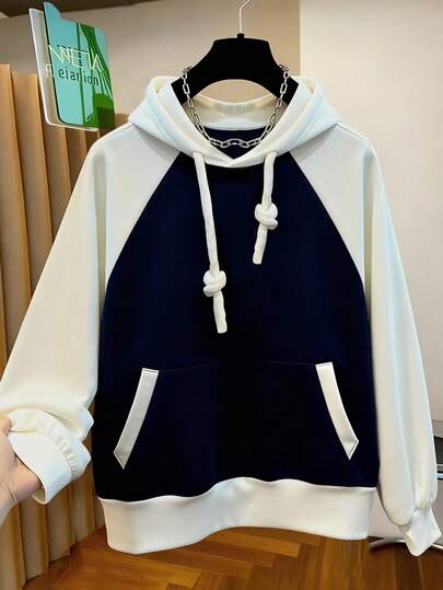 EMERY ROSE Plus Size Women Drawstring Hooded Color Block Pocket Casual Commute Long Sleeve Sweatshirt