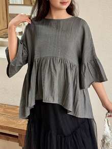 DAZY Tween Girl Loose Fit Round Neck Flare Sleeve Ruffle Hem Blouse Spring - Grey - View 7