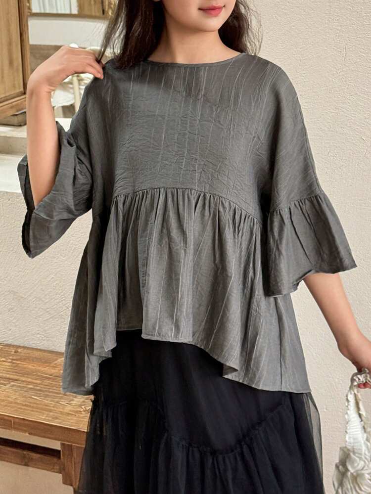 Tween Girl Loose Fit Round Neck Flare Sleeve Ruffle Hem Blouse Spring Summer