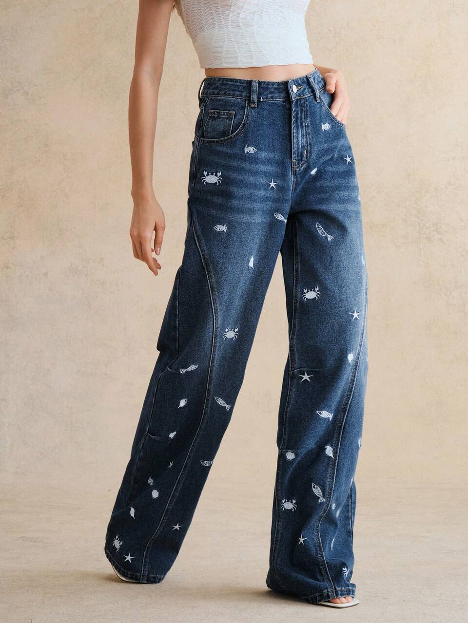 Anewsta Women's Elegant Seafood Embroidery Wide Leg Jeans,Navy Blue And White,Summer,Casual,School Party Vacation Straight Leg Baggy Cowboy Pants
