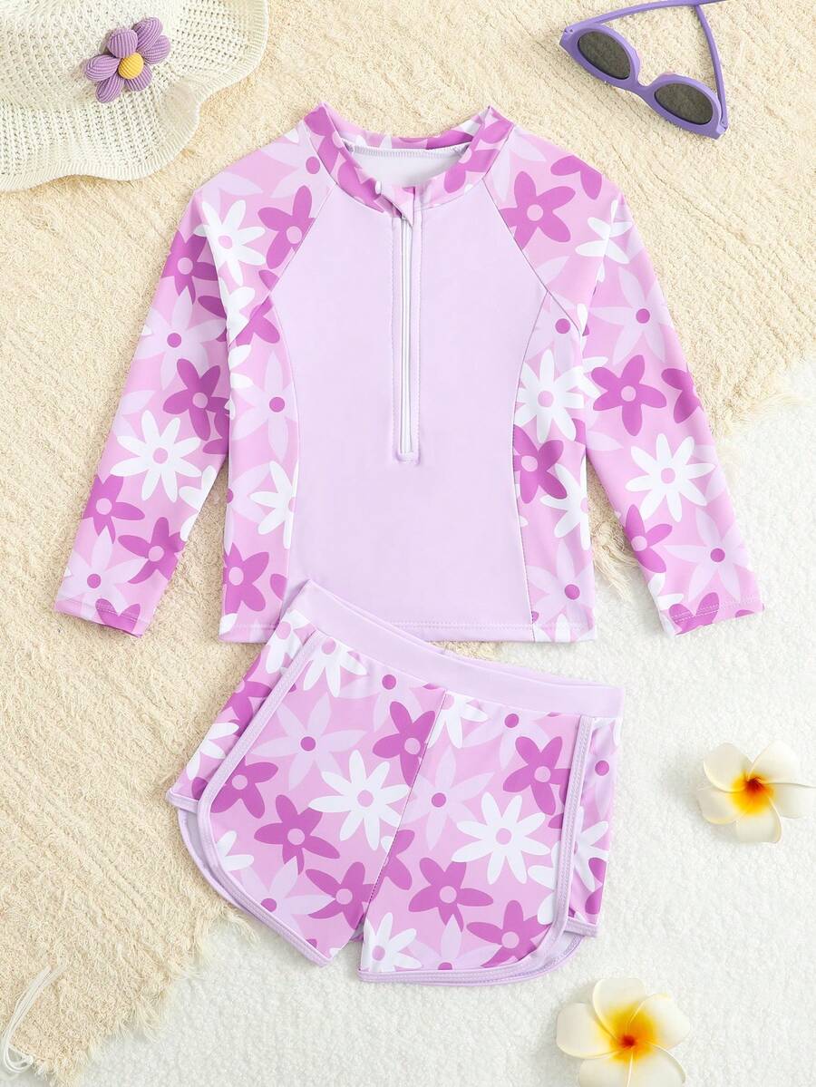 SHEIN Girls' 2 Pieces Swimwear Purple Plant Printed Long Sleeve Rash Guard And Shorts Set,Zipper Sunscreen Kids Bathing Suit For Summer,Beach,Holiday - Multicolor - View 1