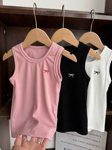 Dazy Kids 3件套少女针织圆领蝴蝶结刺绣背心套装，秋季 - 彩色 - 查看 4