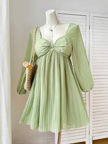 Comfortcana Plus Size Casual Pleated Long Sleeve Dress, Autumn/Winter - Green - View 7