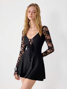 Ardnt Sexy American Style Lace Patchwork Long Sleeve Party Dress, Waist Cinching Unique Tie Design, A-Line Flirty & Alluring, Autumn New Arrival - Black - View 3