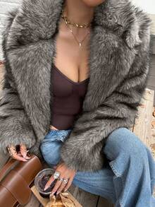 DAZY Chaqueta de mujer con cuello de piel sintética y manga larga, para otoño/invierno - Albaricoque - Ver 4