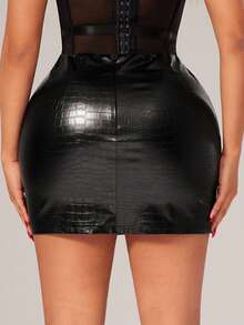 Radiana 女士性感极简黑色蛇纹PU高腰紧身迷你裙纯色褶裥侧开衩弹力PU皮革紧身迷你裙黑色紧身皮革迷你裙百搭黑色迷你裙 - 黑色 - 查看 3