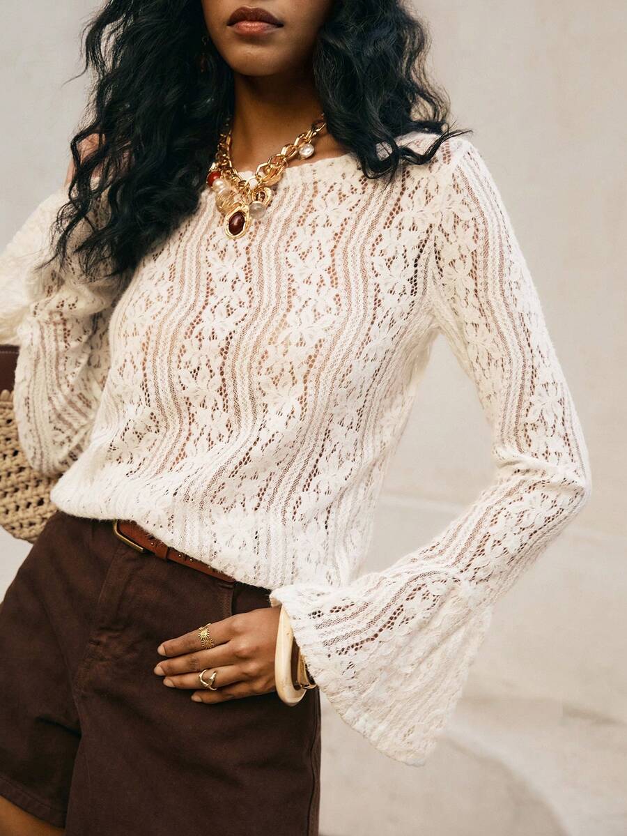 Poéselle 女士花卉蕾丝圆领长袖优雅T恤 - 白色 - 查看 1