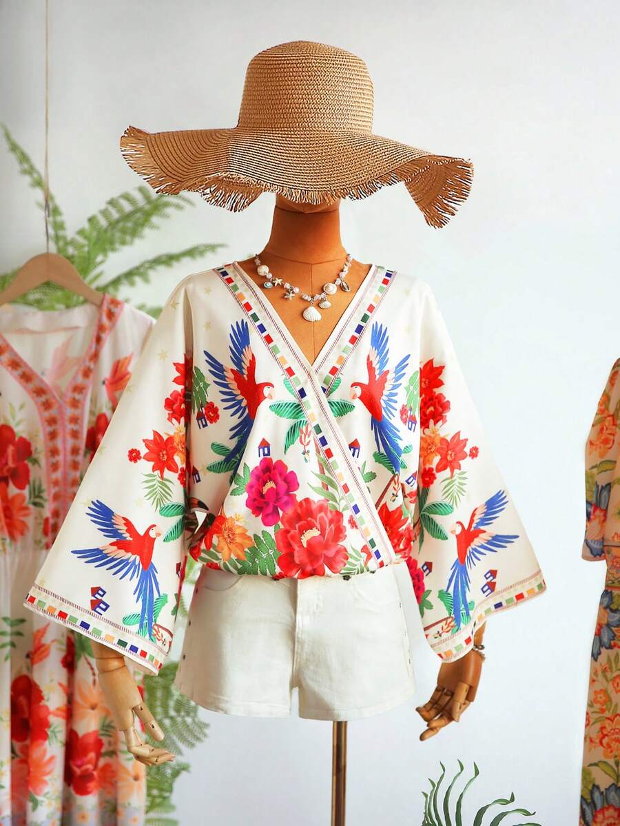 Travachic 印花复古休闲宽松V领女式衬衫，适合度假休闲、夏季假期、春假、派对、海滩、春季、情人节、狂欢节等场合，优雅、花卉图案，充满墨西哥风情。 - 彩色 - 查看 1