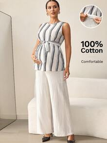 MaterniWear Two-Piece Maternity Set, Elegant Summer Office Wear, Featuring A Black And White Striped Backless Camisole Paired With Adjustable-Waist Wide-Leg Trousers; Pure Cotton Trousers. Comfortable And Breathable, With An Adjustable Elastic Waistband. Maternity Set, Summer Maternity Wear, Maternity Wear. - Black and White - View 8