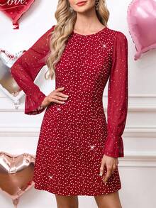 SHEIN Clasi Women's Heart Print Mesh Patchwork Mini Dress - Burgundy - View 6