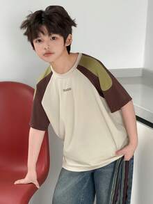 Dazy Kids Tween Boy Summer Casual Daily Commute Fashion Street Letter Print Contrast Raglan Sleeve Loose T-Shirt Spring - Apricot - View 6