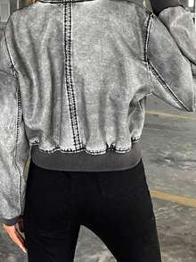 Aveloria Affinna 明线缝制落肩拉链PU皮革飞行员夹克 - 灰色 - 查看 2