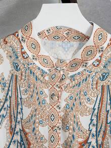 GlowEve 女士宽松腰带设计彩色数码印花翻领长袖休闲衬衫，适合正式场合、派对、旅行、春夏穿着。 - 彩色 - 查看 5