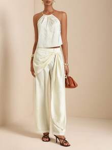 SHEIN Veneréa 女士优雅提花露背吊带上衣和裤子两件套，夏季 - 杏色 - 查看 1