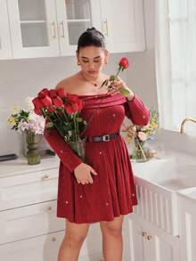 SHEIN MOD 1pc Plus Size Women Off Shoulder Glitter Long Sleeve Fashion Dress Valentine's Day Outfit