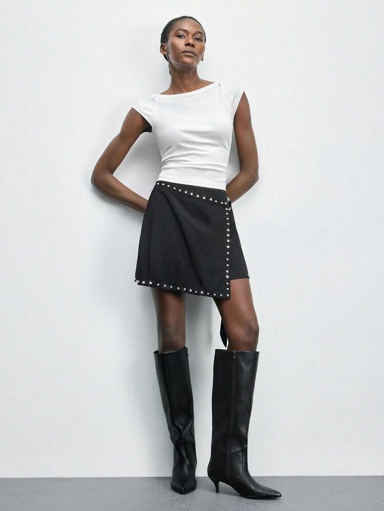SHEIN Maija Women's Casual Asymmetric Hem Studded Design Short Skirt Studded Skirt Black Skirt Mini Rhinestone Skirt Mini Skirt