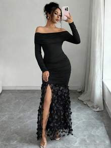 Rafferiza Vestido longo feminino elegante, ombro a ombro, cor sólida, manga longa, ajustado, com fenda e drapeado. - Preto - Ver 3