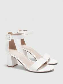 CUCCOO BIZCHIC 女士夏季新款圆头粗跟高跟米色踝带时尚经典简约舒适通勤凉鞋 - 白色 - 查看 2