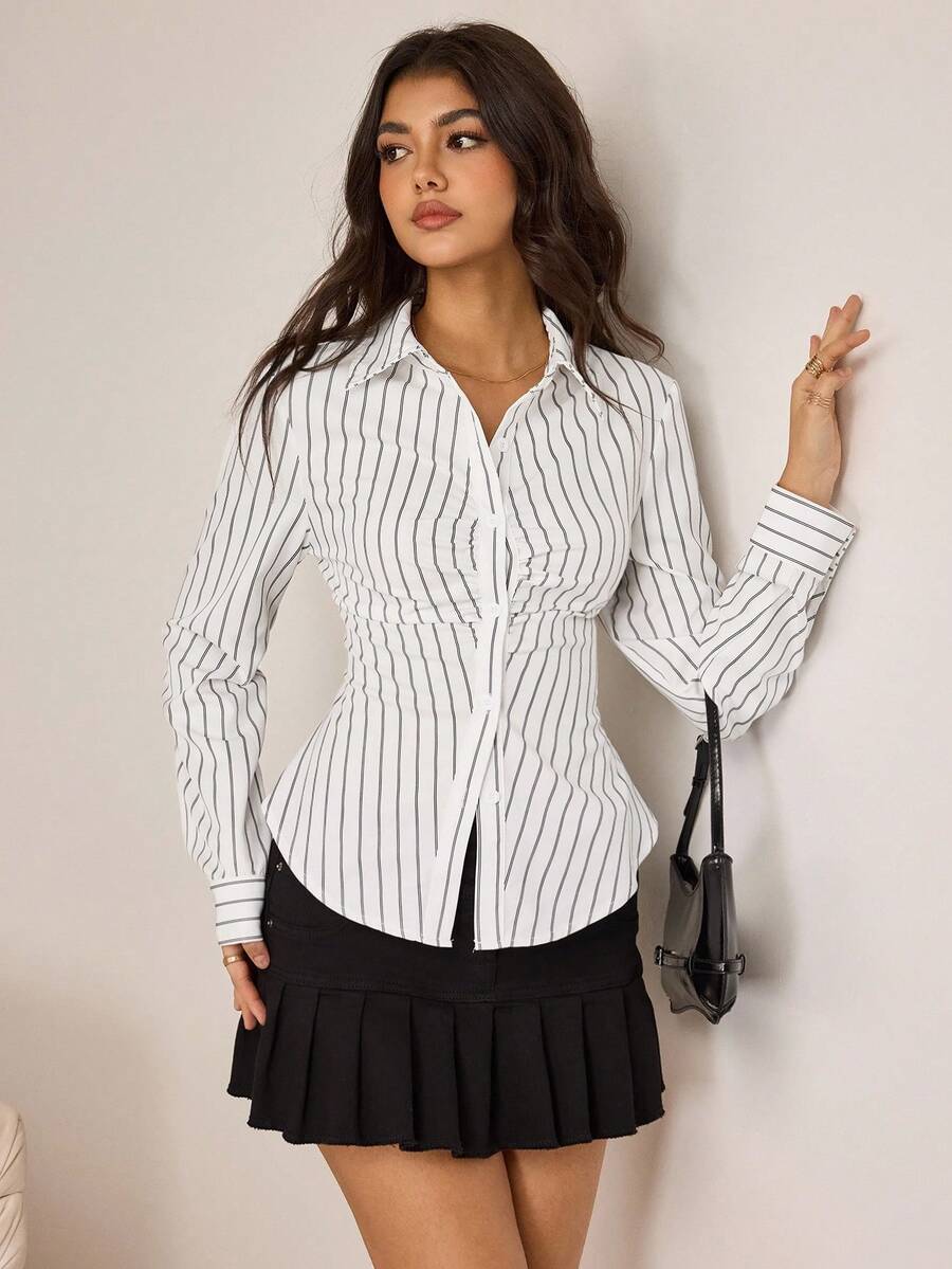 Aidyla 条纹通勤时尚褶皱腰长袖极简衬衫 - 黑與白 - 查看 1