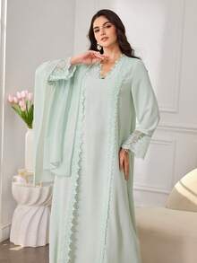 Al Najma 女士优雅浪漫精致蕾丝V领刺绣阿拉伯传统长裙套装 - 綠色 - 查看 6