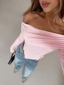 SHEIN SXY Pink Top; Asymmetrical Pleated Solid Pink Long-Sleeved T-Shirt, Autumn/Spring Style; Women's Knitted Off-Shoulder Slim-Fit T-Shirt; Suitable For Dates; Everyday Wear; Valentine's Day Top. - Pink - View 6