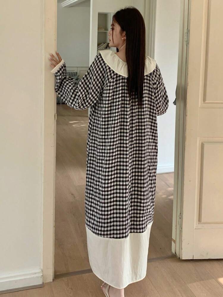 Dazy Plus Colorblock Plaid Peter Pan Collar Loose Long Nightgown, Cute Sleepwear
