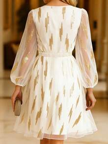 Balvessa Women's Black & Gold Foil Crossover Front Short Dress With Long Sleeves - White - View 2