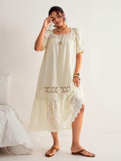 Freevana Plus Size Bohemian Vintage Cream Lace Patchwork Dress, Square Neck Puff Sleeve + Layered Flared Hem Design, Countryside Style Spring Maxi A-Line Dress For Women Boho Summer Dress Women Beachy Dresses Women Cottagecore Dress Women Vacation Dress