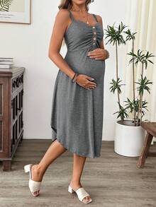 Cheriluna Maternity Maternity Solid Color Button Design Ruched Nursing Casual Cami Dress - Grey - View 6