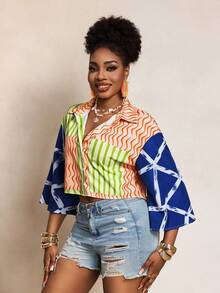 BamGleam Early Spring Casual Loose Asymmetrical Pattern Patchwork Flare Sleeve Women Shirt - Multicolor - View 3