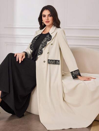 Al Najma 女士复古优雅蕾丝装饰双排扣长袍，日常长款