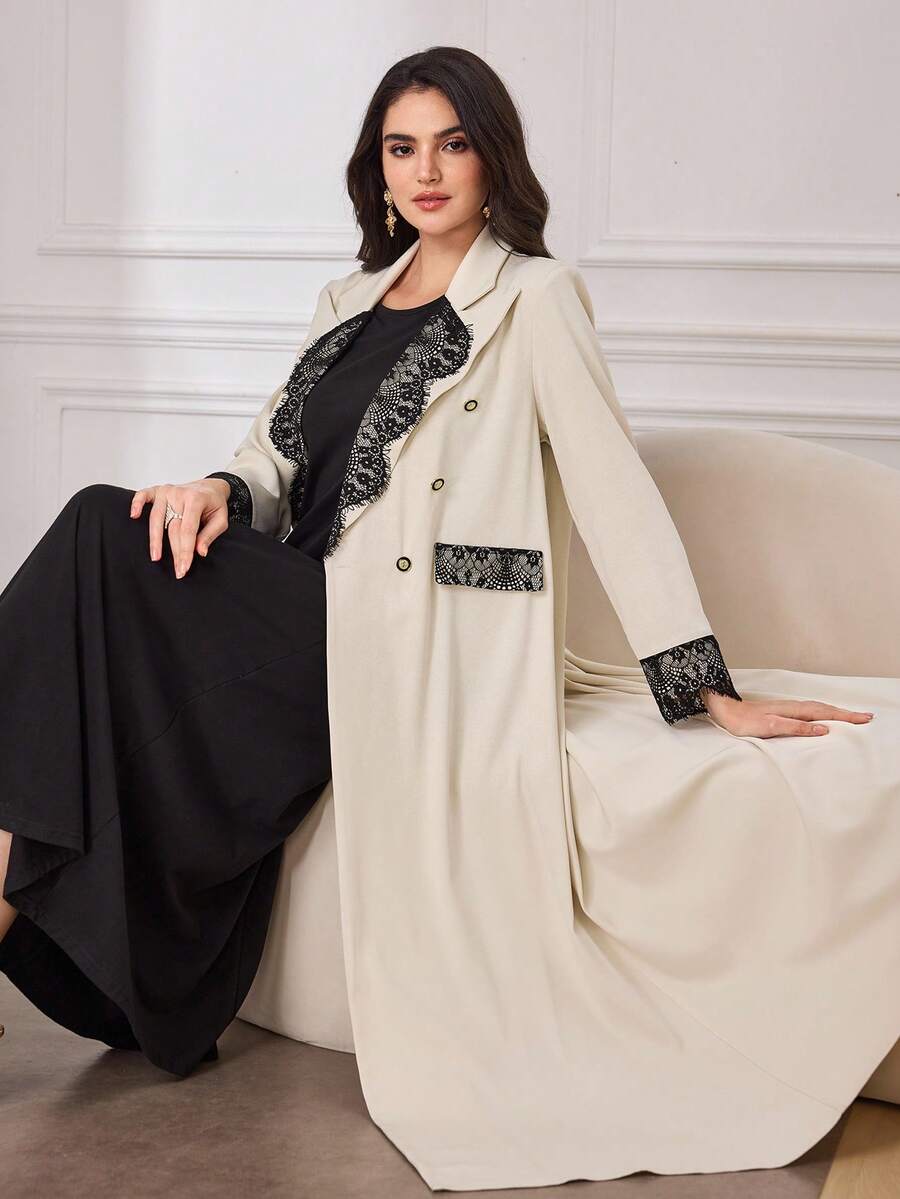 Al Najma Áo Abaya nữ kiểu dáng cổ điển thanh lịch với ren trang trí, cài khuy đôi, thích hợp mặc hàng ngày. - Màu be - Xem 1