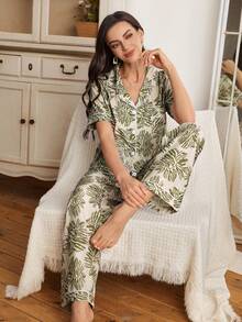 SHEIN Bubble Wrinkle Coconut Leaf Print Short Sleeve Pajama Set - Multicolor - View 5