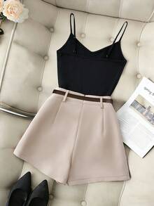 Franclia 女士时尚休闲黑色吊带背心，百搭通勤修身款卡其色阔腿短裤裙，两件套，春夏装 - 彩色 - 查看 2