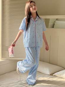 DAZY Tween Girls Heart Print Contrast Trim Loungewear Set, Fall Spring - Blue - View 8