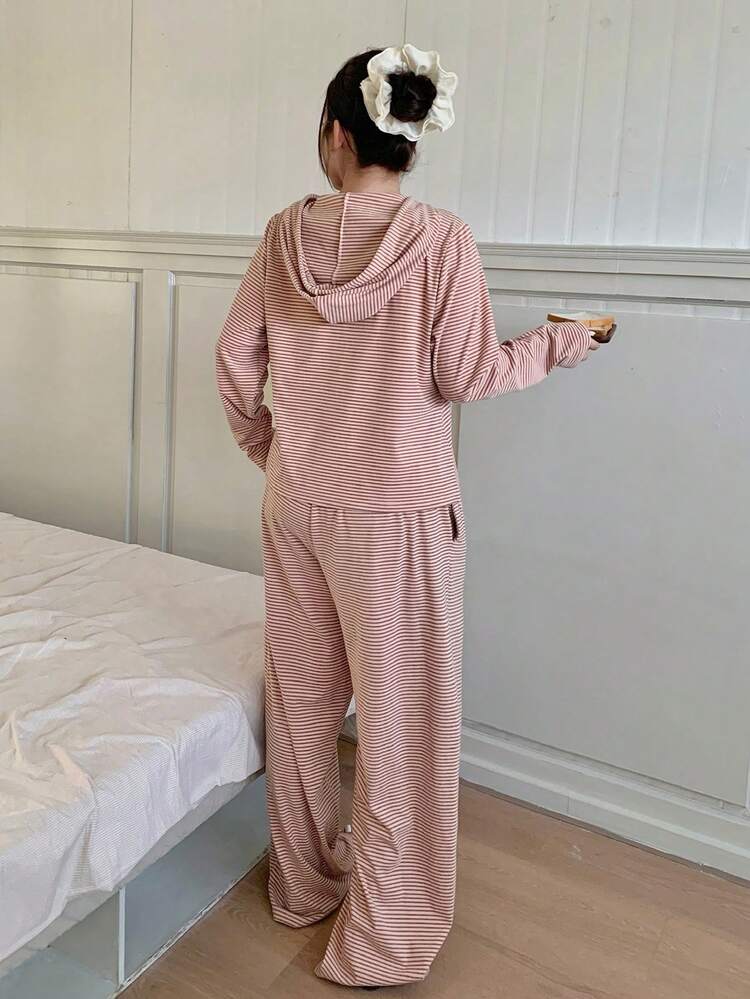 Dazy Plus Striped Hooded Cardigan & Loose Pajama Pants Loungewear Set, Casual Sleepwear For Spring & Autumn