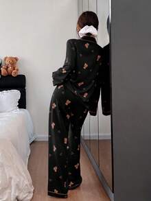 SHEIN 可爱小熊樱桃印花长袖睡衣套装（女士款） - 黑色 - 查看 2