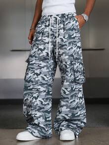 Manfinity EMRG Pantalones anchos de pierna ancha con estampado de camuflaje y cordón en la cintura para hombres - Multicolor - Ver 8