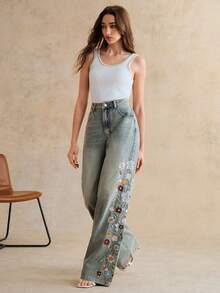 Anewsta Quần jeans nữ ống đứng màu xanh dương thêu hoa lãng mạn, thời trang cho mùa xuân/hè, phù hợp cho tiệc Valentine và kỳ nghỉ. - Màu xanh lam - Xem 1