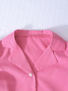 SHEIN Tween Girl Solid Color Short Sleeve Blazer Jacket And Waist Flap Decorated Button Pants Set - Pink - View 5