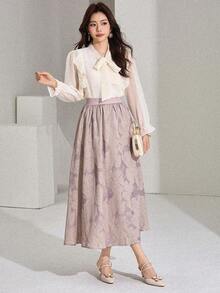 DAZY Women's Floral Jacquard Elastic Waist Pleated Elegant Skirt - Purple - View 4