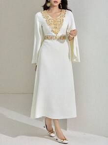 DAZY Đầm dài tay thanh lịch cổ chữ V thêu họa tiết dành cho nữ. - trắng - Xem 7