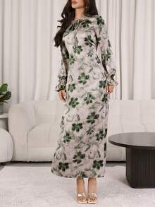 Veilorie 女士印花系领喇叭袖优雅阿拉伯风格连衣裙 - 彩色 - 查看 8