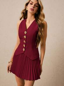 Poéselle Women's Metal Flower Single-Breasted Vest And Pleated Mini Skirt Fashion 2 Pieces Set - Burgundy - View 6