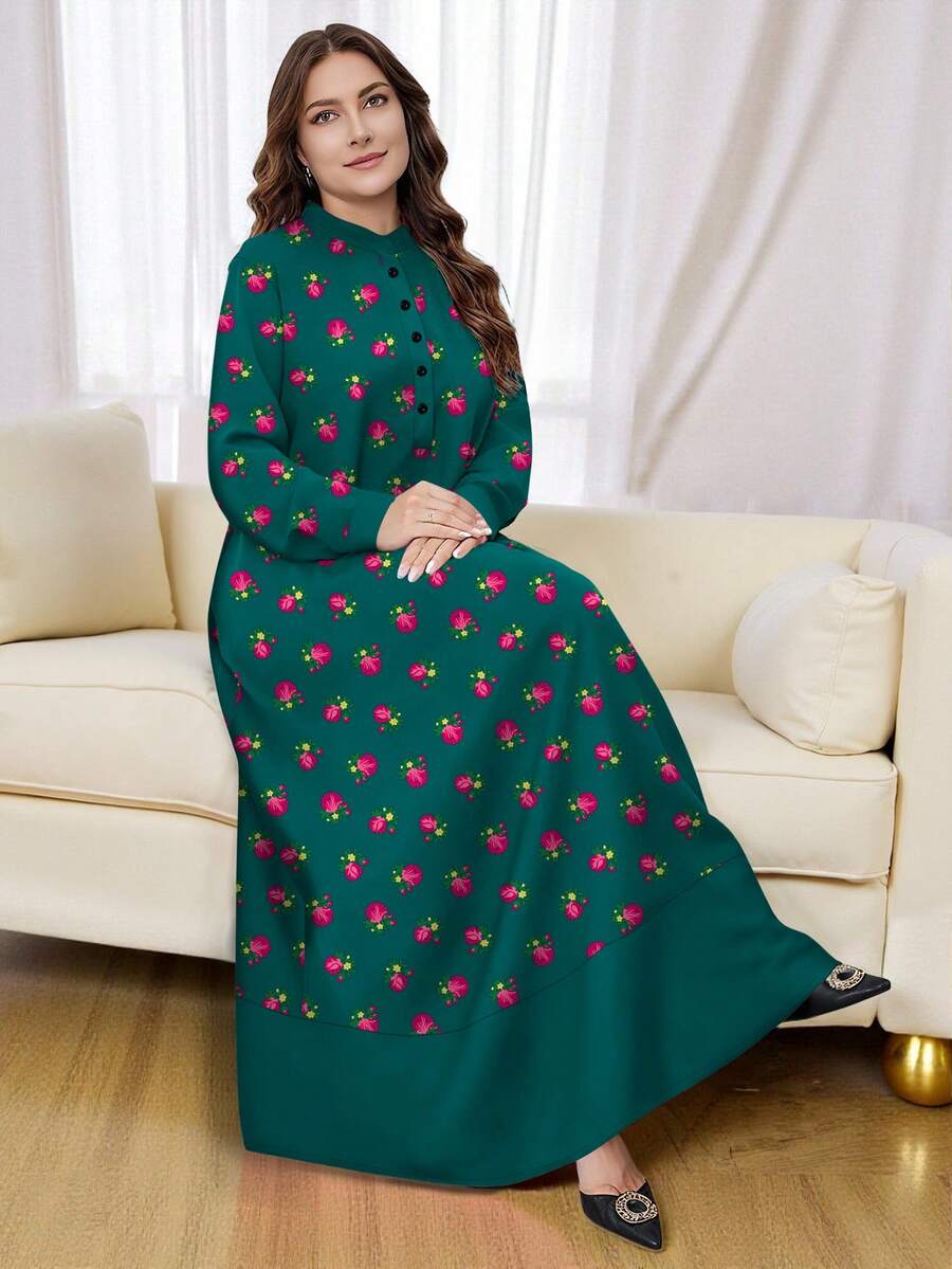 SHEIN Najma 大码女式绿色花卉植物印花优雅长袖纽扣领连衣裙,春秋季 - 彩色 - 查看 1