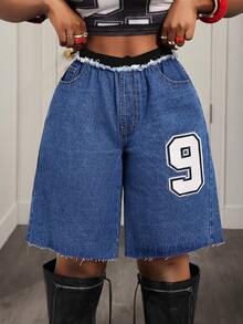 BamGleam Women's Fashionable Digit Patch Loose Denim Shorts, Summer - Dark Wash - View 4