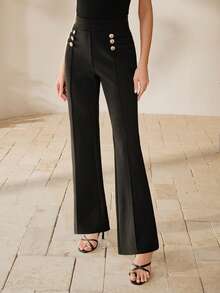 Anewsta Women's Elegant Straight Leg Pants, Minimalist Casual Chic Metal Button Black Trousers - Black - View 5