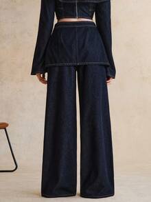 Anewsta Women's Knotted Waist Loose Wide Leg Casual Denim Jeans - Dark Wash - View 5