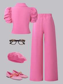 SHEIN Tween Girl Solid Color Short Sleeve Blazer Jacket And Waist Flap Decorated Button Pants Set - Pink - View 2